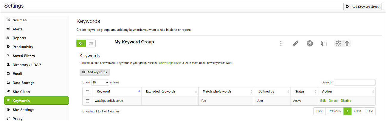 Screenshot of Fastvue Reporter, add keyword group
